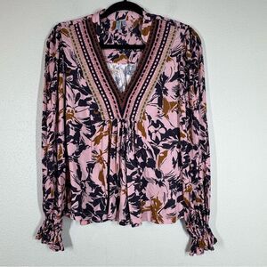 Anthropologie Blank London Stephanie Long Sleeve Top Pink Purple Embroidered XXS